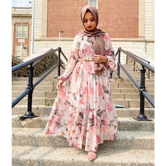 Chiffon Wide Cut Floral Dress Balloon Slee… - Picture 5 of 14